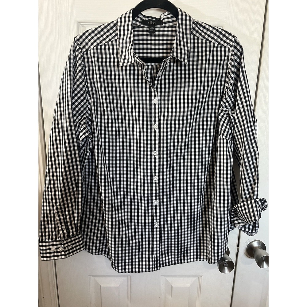 Ellos Womens Button Up Shirt Plus Size 18 Black‎ White Gingham Check Cotton